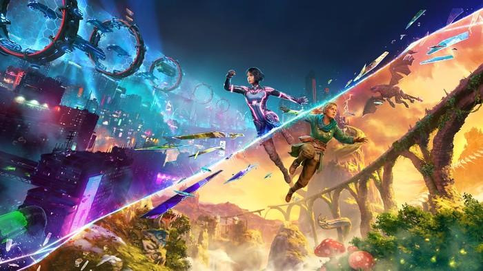 Split Fiction Split Fiction cover image showing two characters jumping through futuristic landscapes
